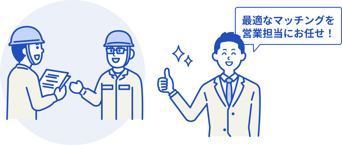 最適なマッチングを営業担当にお任せ！話をしている施工者2人のイラストとサムズアップしている営業担当のイラスト